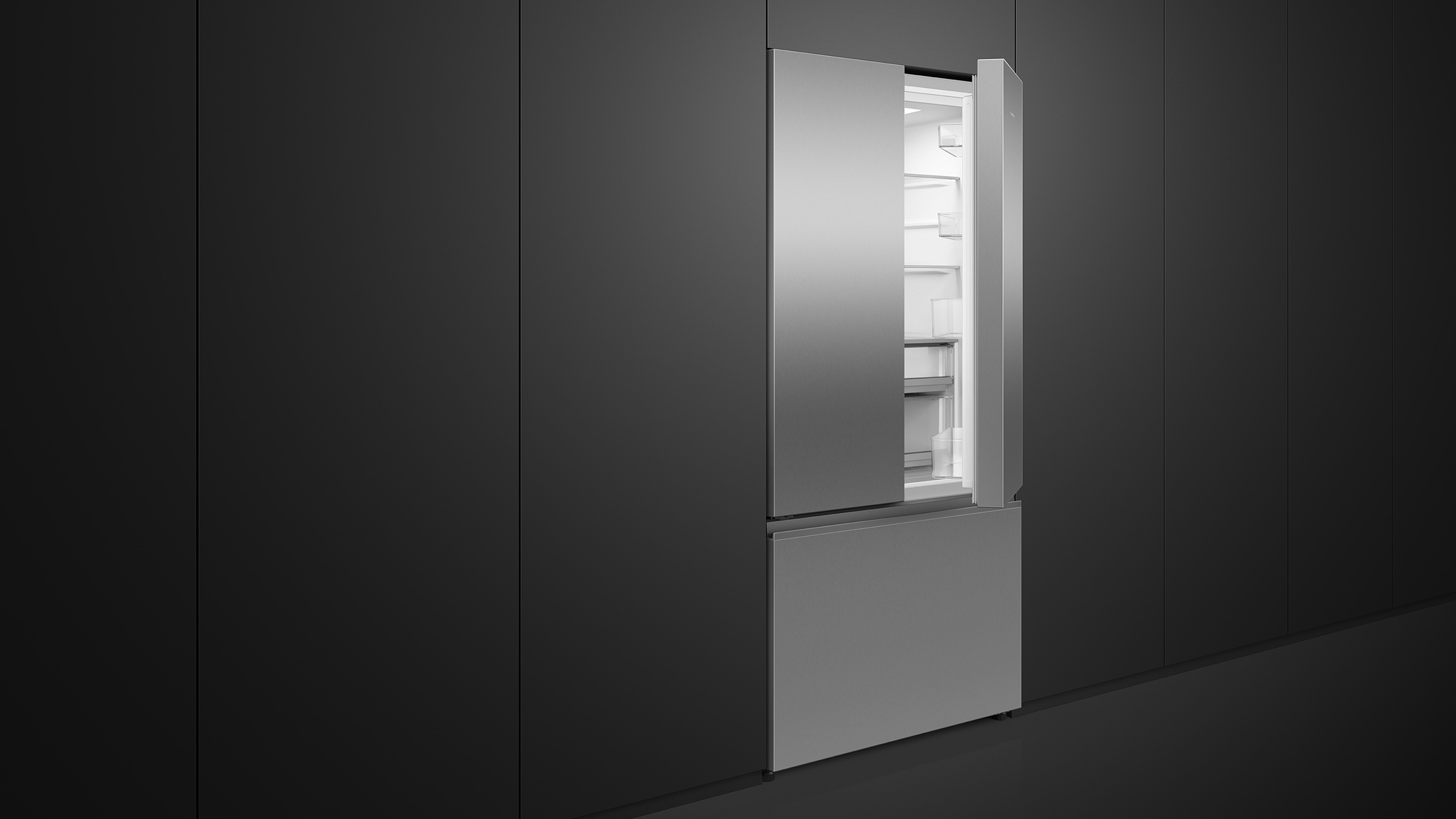An integrated vertical refrigerator column blends seamlessly with kitchen cabinetry