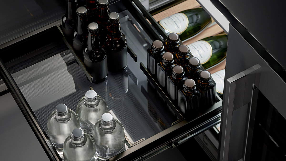 Fully extended refrigerator shelves showing accessibility and organized food storage