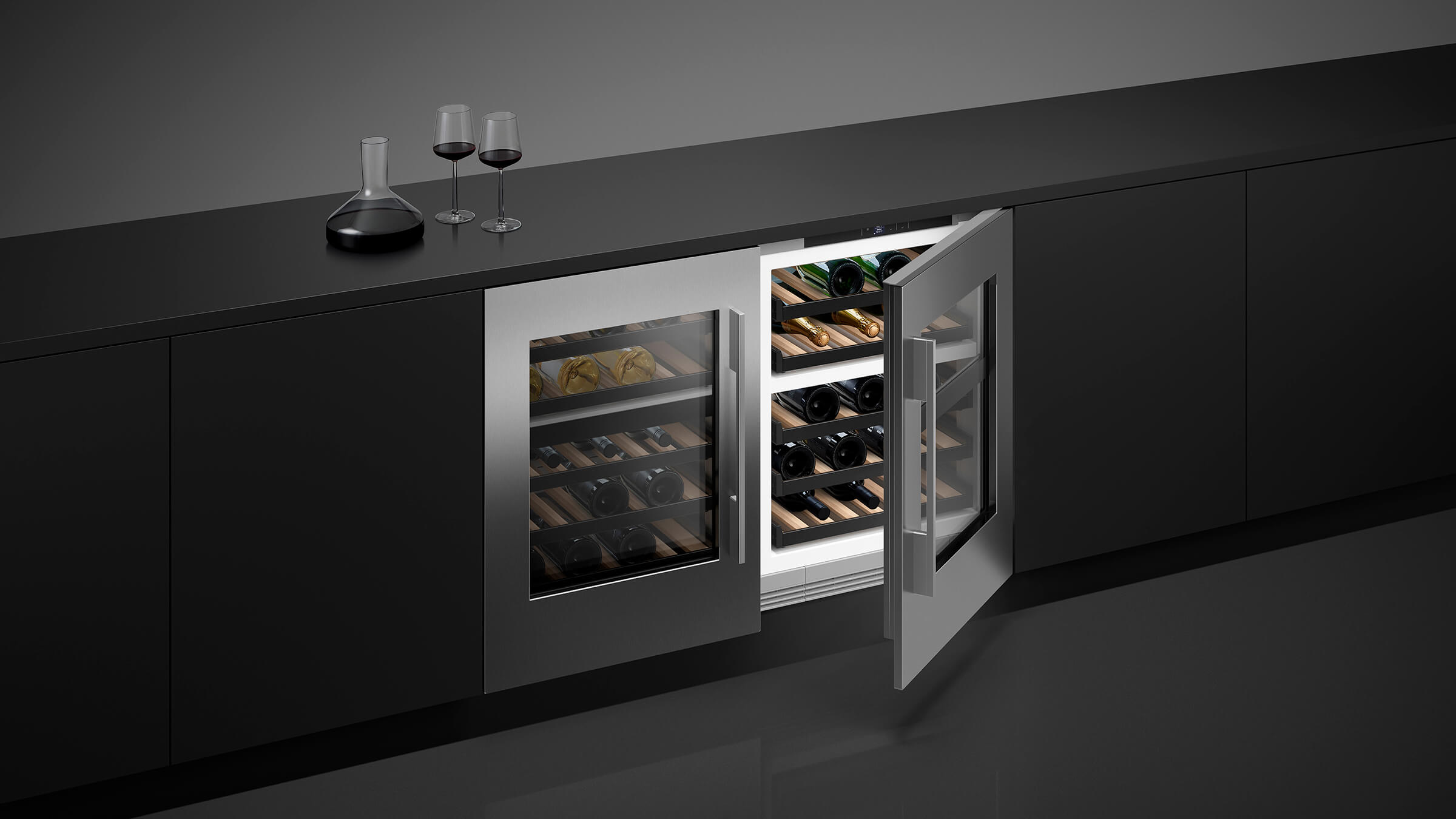 An open wine column refrigerator showing a curated collection of wine bottles