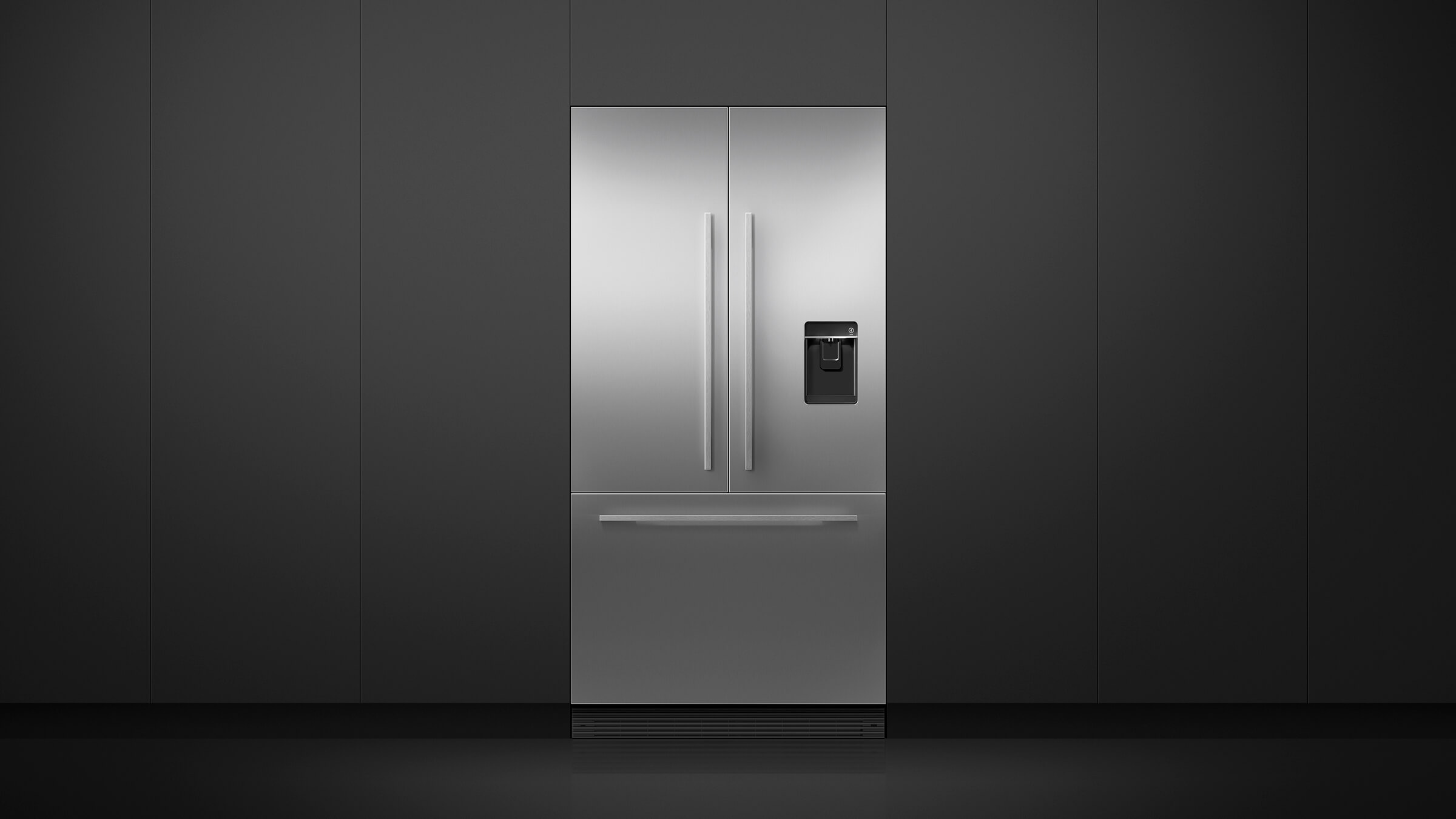 Modern kitchen featuring a pair of built-in stainless steel French Door refrigerators